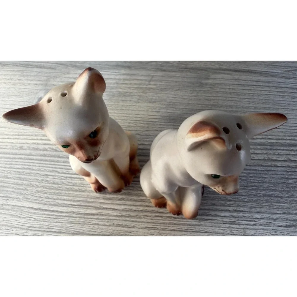 Vtg Salt & Pepper Shakers Siamese Cat Green Rhinestone Eyes W/Stoppers Japan